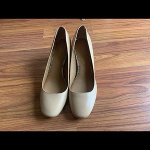 Calvin Klein beige snakeskin block heels